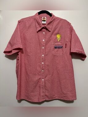 1990s Women’s Looney Tunes Tweety Bird Red Gingham Button Down Shirt Size XXL
